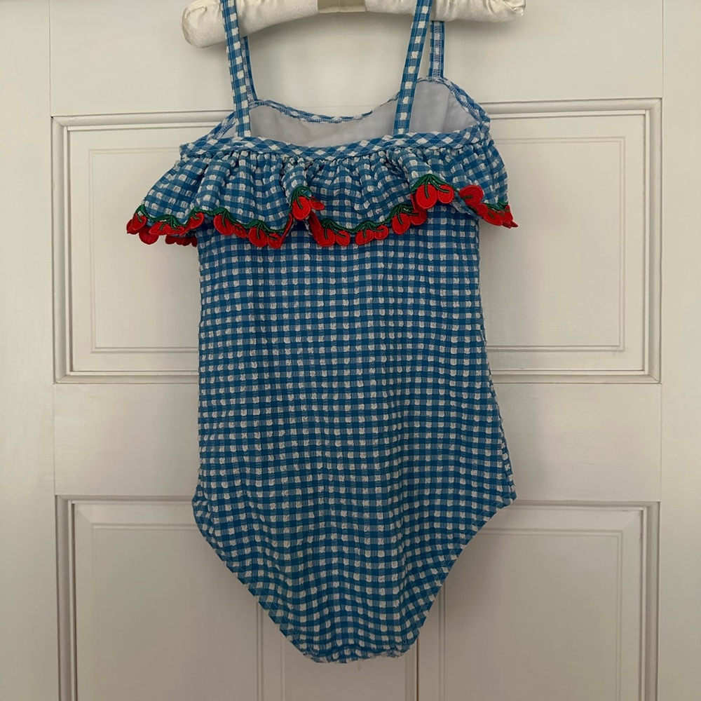 Mini Boden Blue and White seersucker cherry detail Swimsuit - Picture 3 of 7